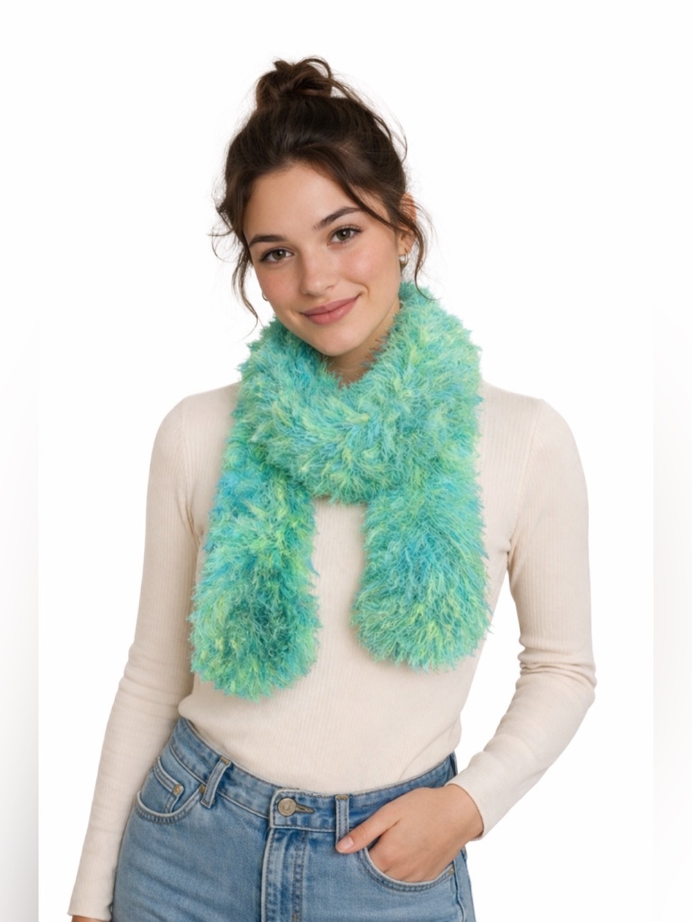 green and blue fuzzy teddy handmade short winter scarf